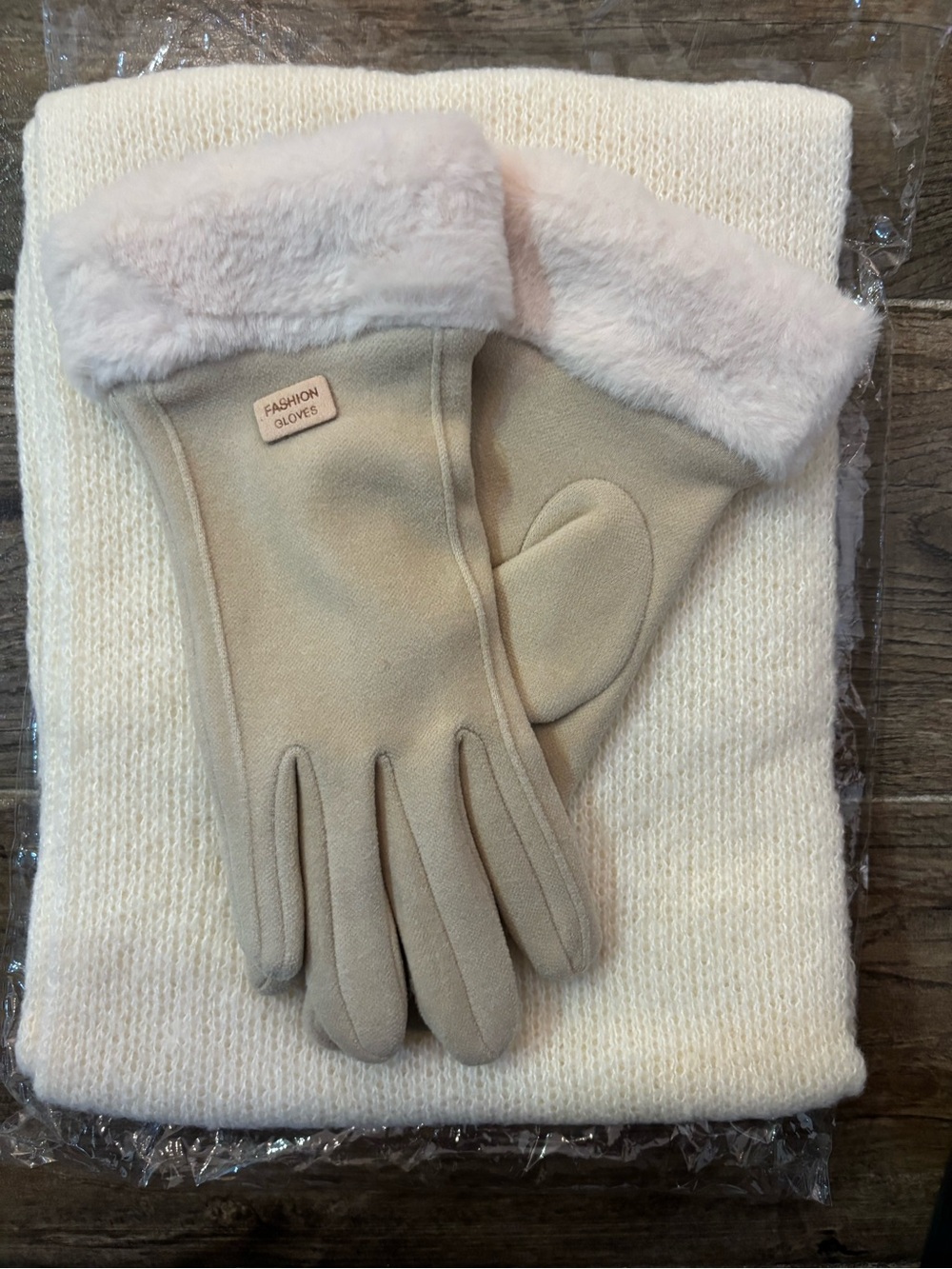 Women's Cream Winter Gloves and Scarf Set